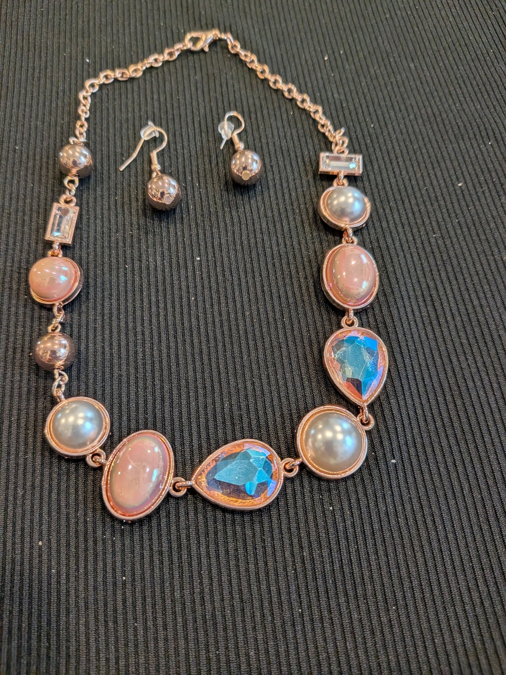 Rose Gold Multi-Stone Statement Necklace & Earring Set - Pink, Blue, Pearl Tones